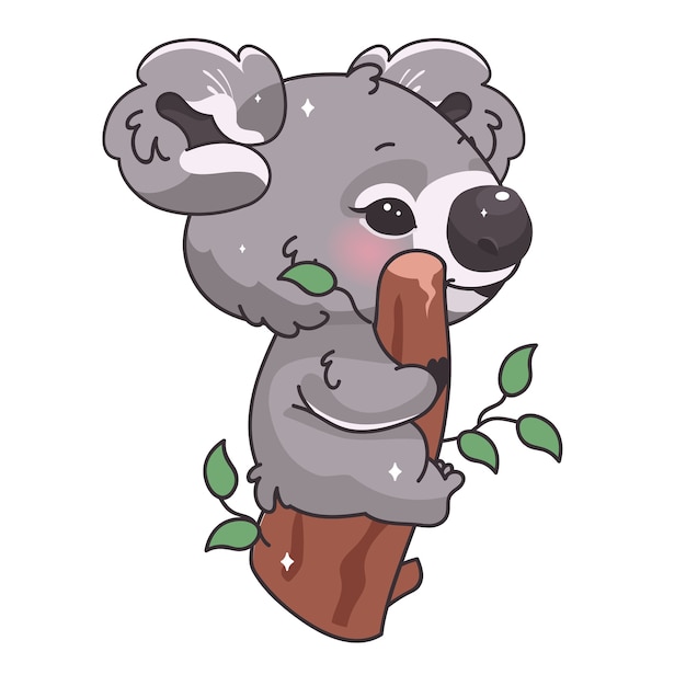 かわいいコアラのかわいい漫画のキャラクター 枝に座ってユーカリを食べる愛らしい面白い動物は 孤立したステッカー パッチを残します 白い背景の上のアニメの赤ちゃんコアラ絵文字 プレミアムベクター