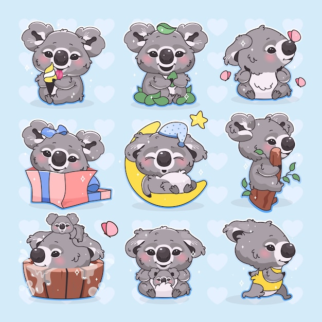 Premium Vector Cute Koala Kawaii Cartoon Characters Set Adorable And Funny Smiling Animal Running Sleeping Bathing And Eating Isolated Stickers Patches Pack Anime Baby Koala On Blue Background