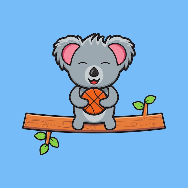 Premium Vector | Cute koala sitting on branch holding basketball ...