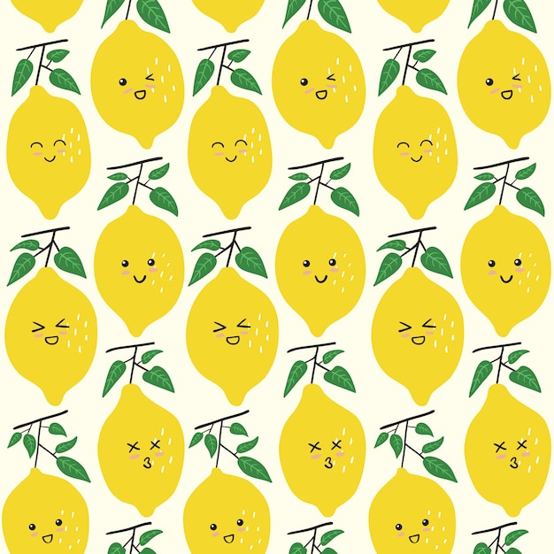 プレミアムベクター かわいいレモンの絵文字のシームレスパターン