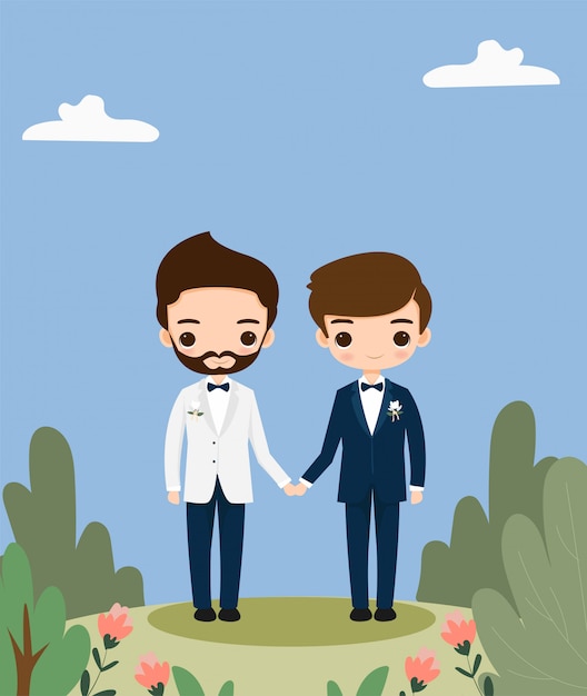 Cute lgbt couple cartoon for wedding invitation card template | Premium ...