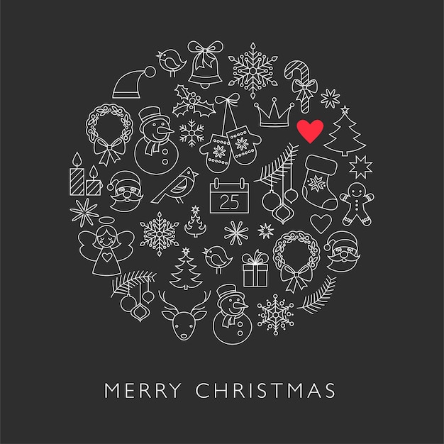 黒の背景にかわいい線画のクリスマスのキャラクター グリーティングカード バナーまたはポスターのベクトルテンプレート プレミアムベクター