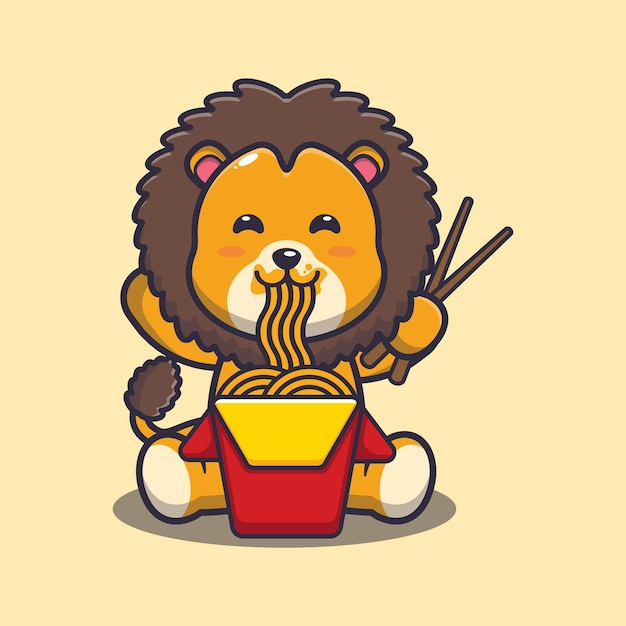 Premium Vector Cute Lion Eating Noodle Cute Animal Cartoon Illustration