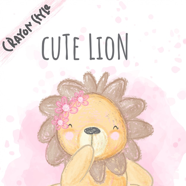 子供のためのかわいいライオンの花クレヨンスタイルイラスト プレミアムベクター