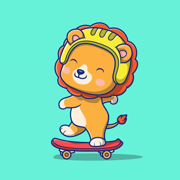 スケートボードのイラストを遊ぶかわいいライオン プレミアムベクター