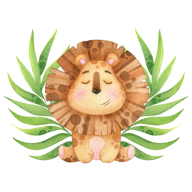 瞑想する熱帯の小枝を持つかわいいライオン 水彩イラスト プレミアムベクター