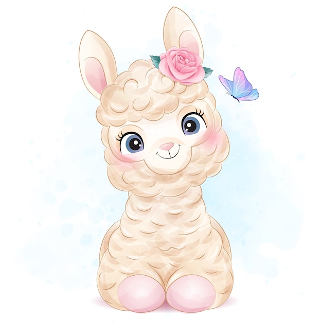 Cute little alpaca with watercolor illustration Premium Vector