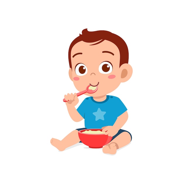 Portrait Of Cute Little Baby Boy Holds Spoon In His Hand And Eats