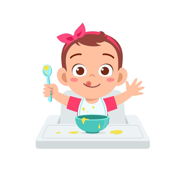 Download Premium Vector | Cute little baby girl eat porridge in ...