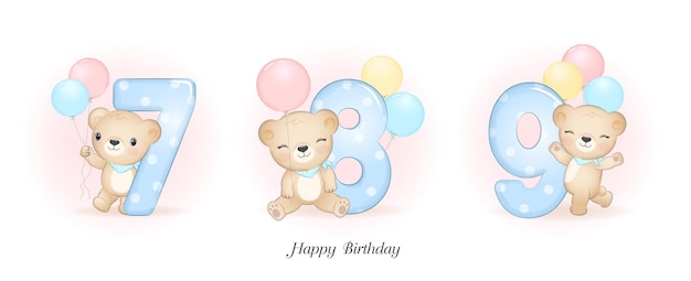 数字のイラストとかわいいクマの誕生日パーティー プレミアムベクター