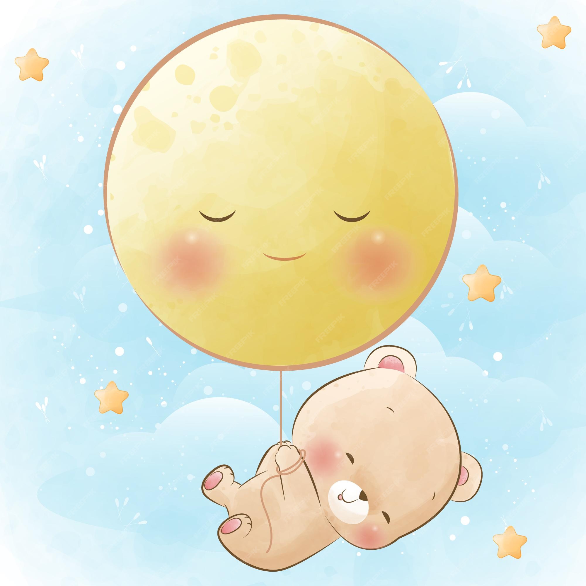 Premium Vector | Cute little bear flying with the moon