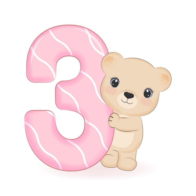 Premium Vector | Cute little bear happy birthday 3 years old