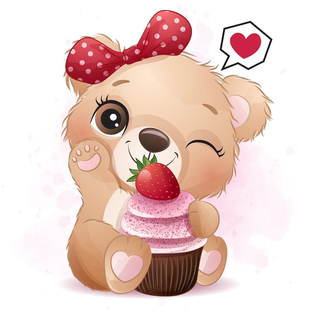 イチゴのカップケーキのイラストがかわいいクマさん プレミアムベクター