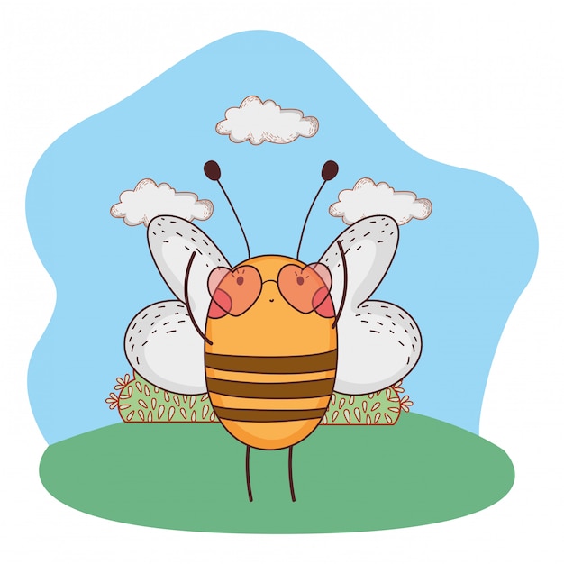 Premium Vector | Cute little bee with heart sunglasses in the camp