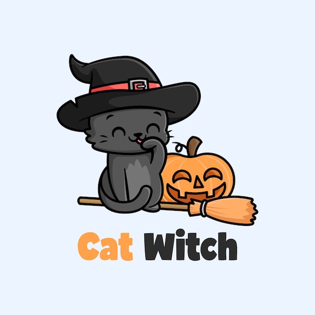 魔女の帽子の漫画のイラストを身に着けているかわいい小さな黒猫 プレミアムベクター