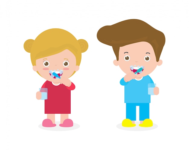 かわいい男の子と女の子の歯を磨く 面白い漫画分離イラスト プレミアムベクター