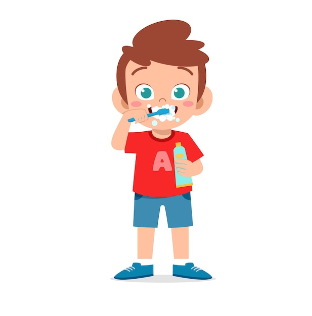 Premium Vector | Cute little boy brushing teeth and holding toothpaste ...