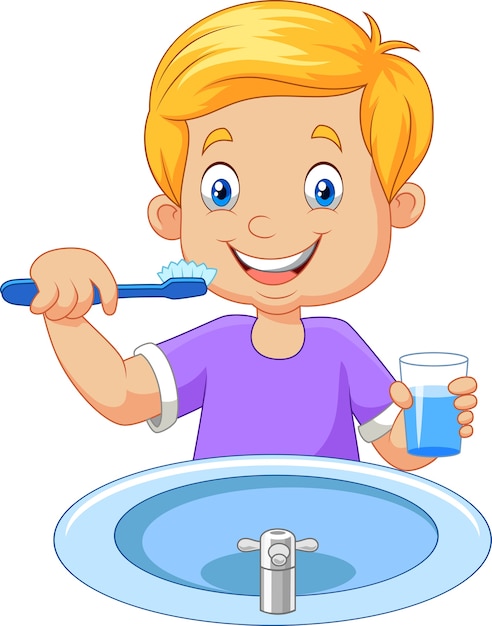 Premium Vector | Cute little boy brushing teeth