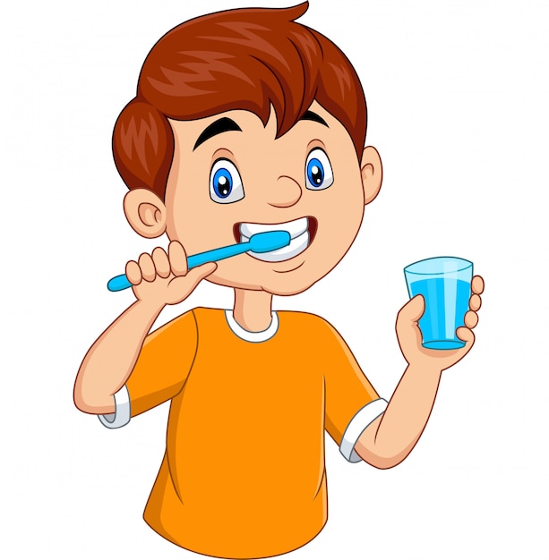 Premium Vector | Cute little boy brushing teeth