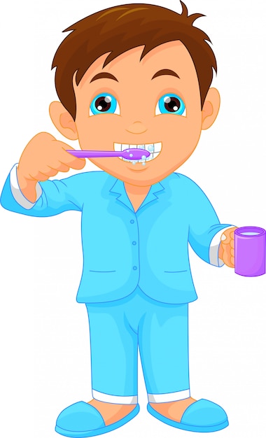 Cute Little Boy Brushing Teeth | Premium Vector