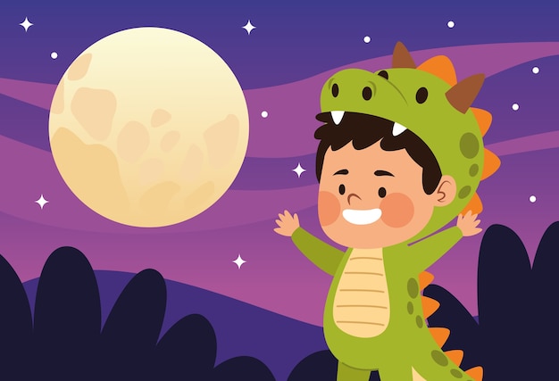 恐竜のキャラクターと月の夜のベクトルイラストデザインに扮したかわいい男の子 プレミアムベクター