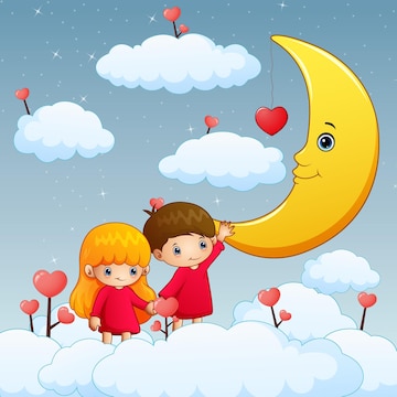 Premium Vector | Cute little boy and girl holding a moon in the sky