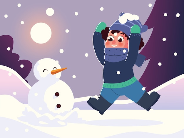 Download Premium Vector | Cute little boy making a snowman in the winter scene illustration