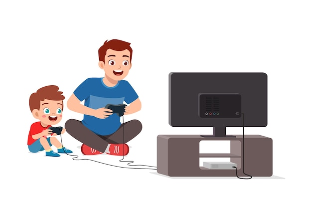 Premium Vector | Cute little boy play video game on big screen