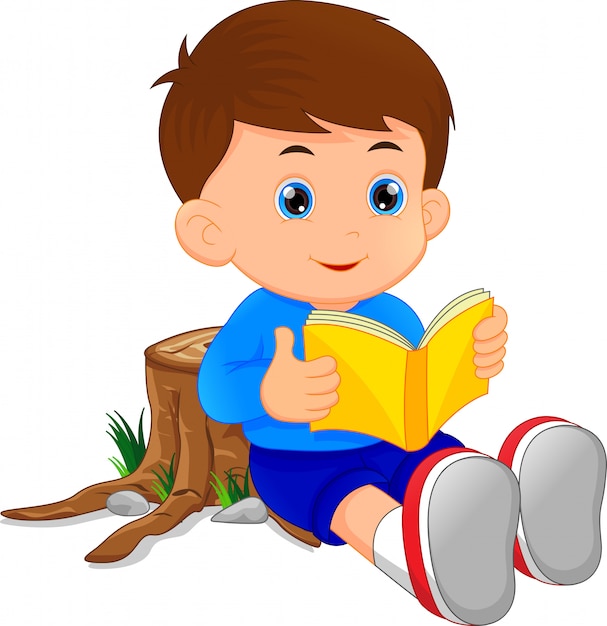 Cute little boy reading book Premium Vector