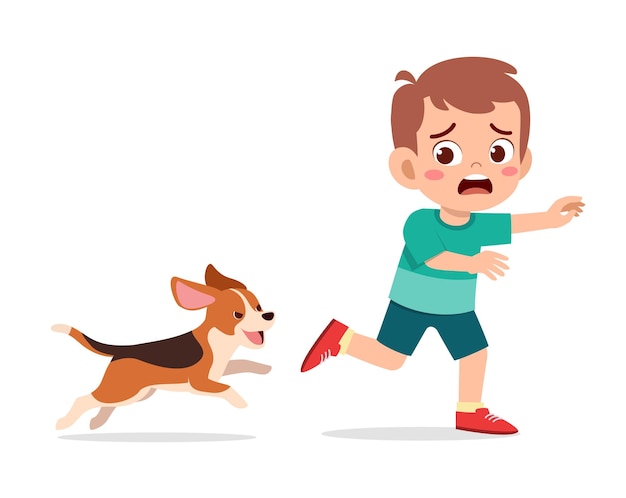 Premium Vector | Cute little boy scared because chased by bad dog