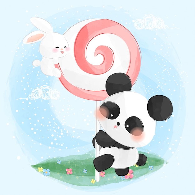 Download Cute little bunny and panda eats lollipop | Premium Vector