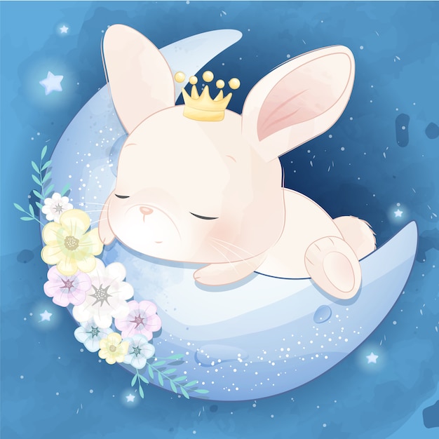 月に眠っているかわいいウサギ プレミアムベクター
