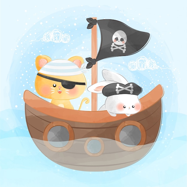 かわいい小さな猫とウサギの海賊船 プレミアムベクター