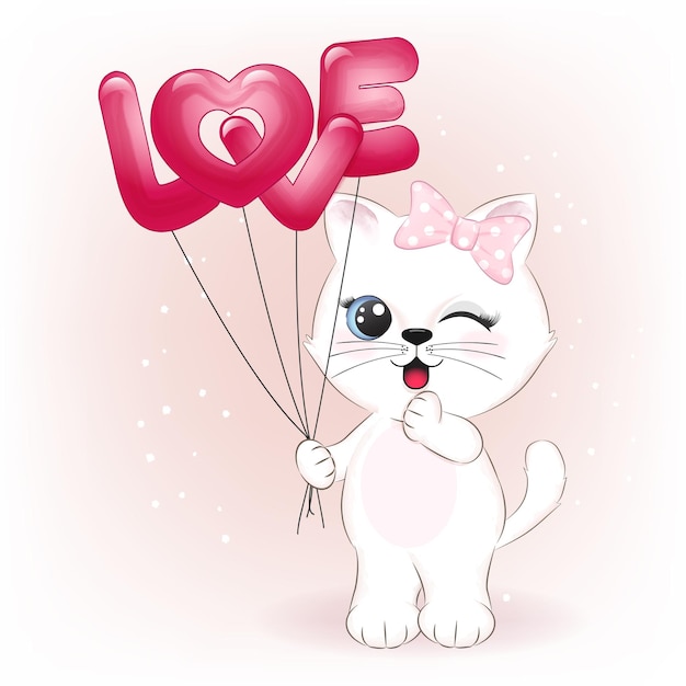 愛の風船を保持しているかわいい猫バレンタインデーのコンセプトイラスト プレミアムベクター
