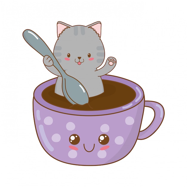 チョコレートマグカップかわいいキャラクターとかわいい小さな猫 プレミアムベクター