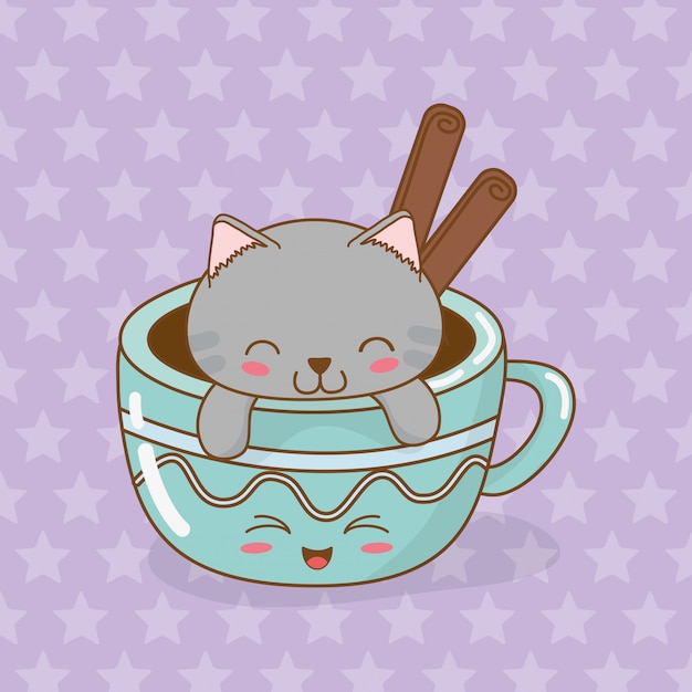 コーヒーカップかわいいキャラクターとかわいい小さな猫 プレミアムベクター