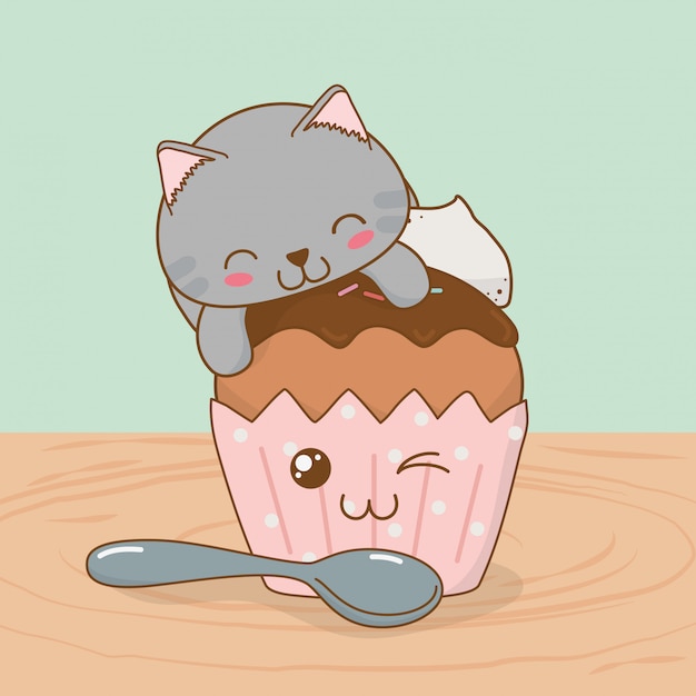カップケーキかわいいキャラクターとかわいい小さな猫 プレミアムベクター