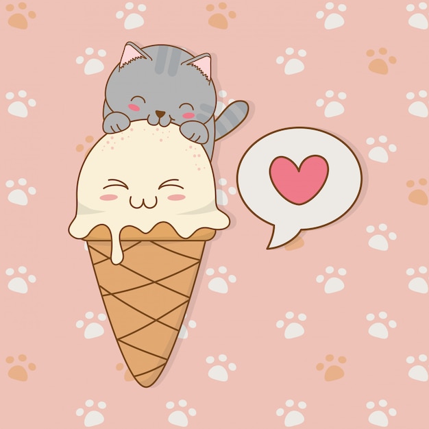 アイスクリームかわいいキャラクターとかわいい小さな猫 プレミアムベクター