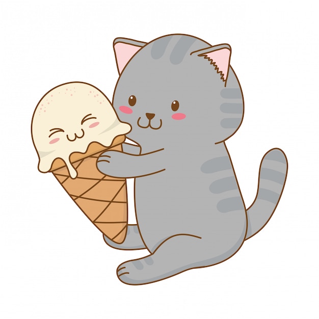 Cute little cat with ice cream kawaii character Premium Vector