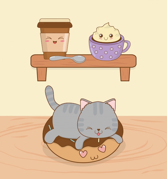 かわいいドーナツかわいいキャラクターとかわいい猫 プレミアムベクター