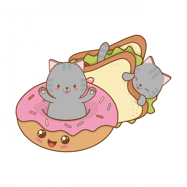 Premium Vector Cute Little Cats With Donuts Kawaii Characters