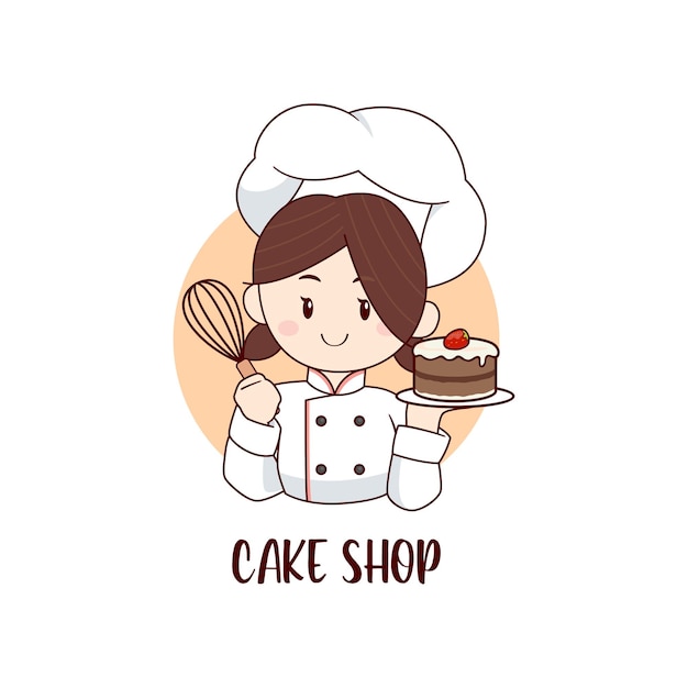 チョコレートストロベリーケーキのロゴのテンプレートを保持しているかわいい小さなシェフの女の子 プレミアムベクター