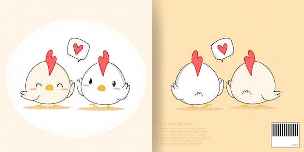 かわいい小さな鶏の恋人カップル漫画落書きノートブックの前面と背面カバー プレミアムベクター