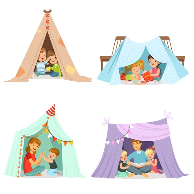 プレミアムベクター テントテントで遊ぶかわいい子供たち 漫画の詳細なカラフルなイラスト