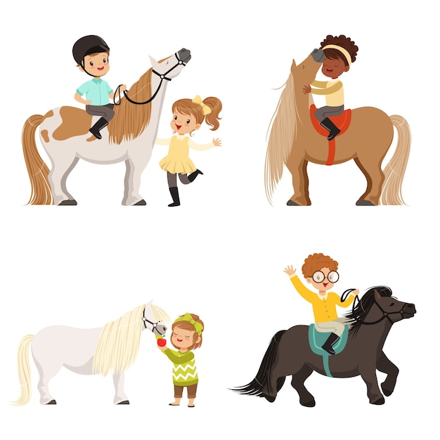 かわいい小さな子供たちがポニーに乗って 馬の世話をして 馬術スポーツ 白い背景のイラスト プレミアムベクター