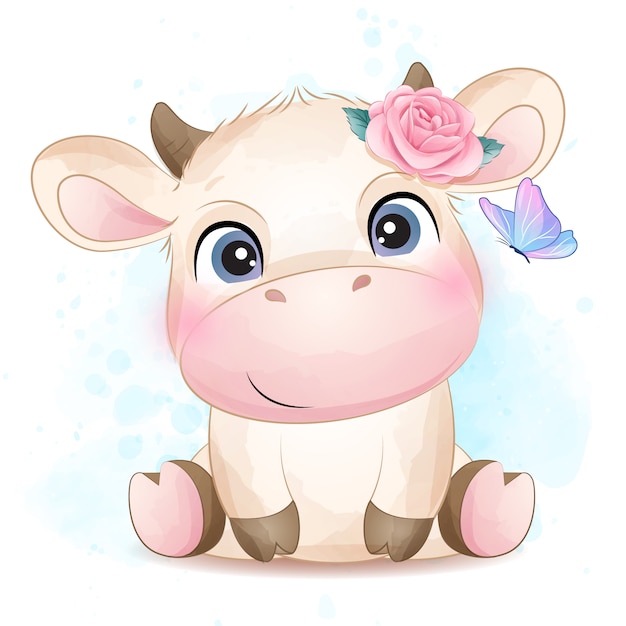 Download Premium Vector | Cute little cow with watercolor illustration