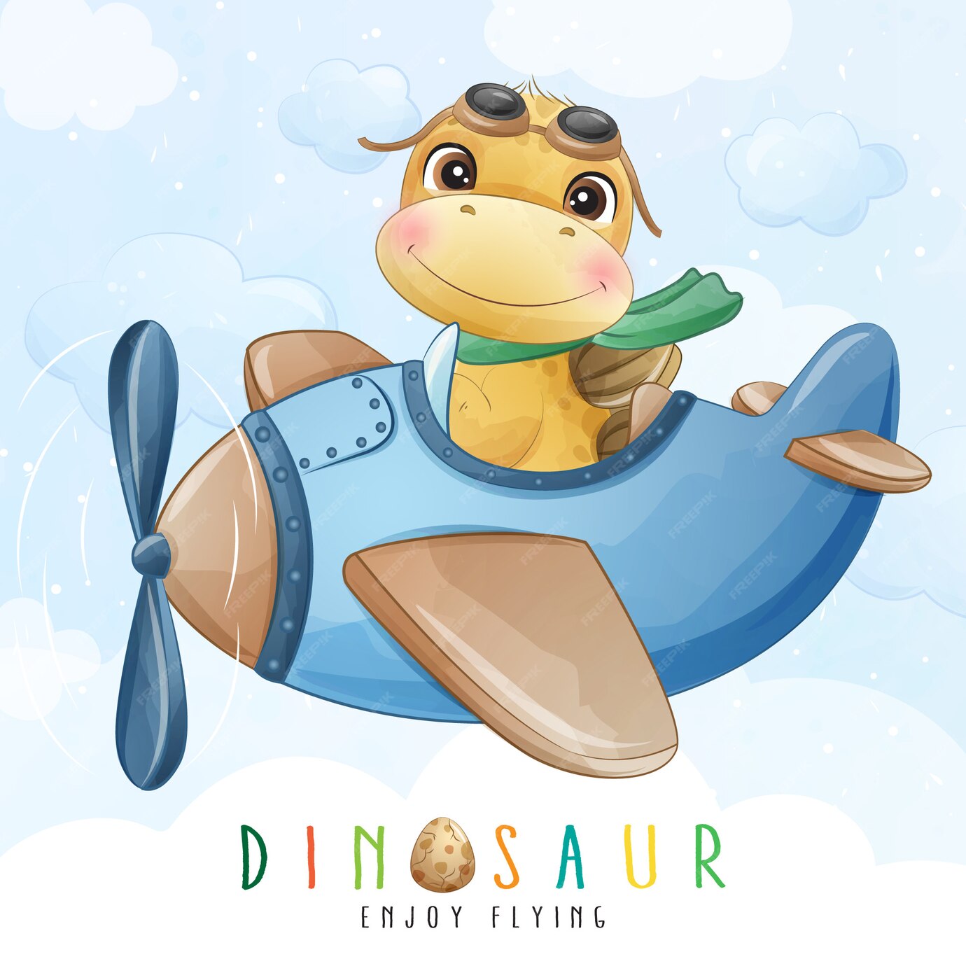 Premium Vector | Cute little dinosaur flying with airplane illustration