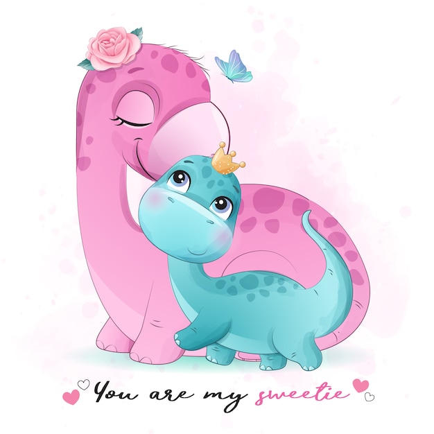 Download Cute little dinosaur mother and baby with watercolor ...