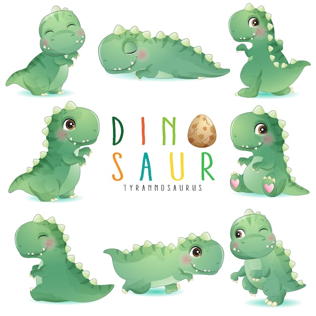 水彩イラストのかわいい小さな恐竜のポーズ プレミアムベクター