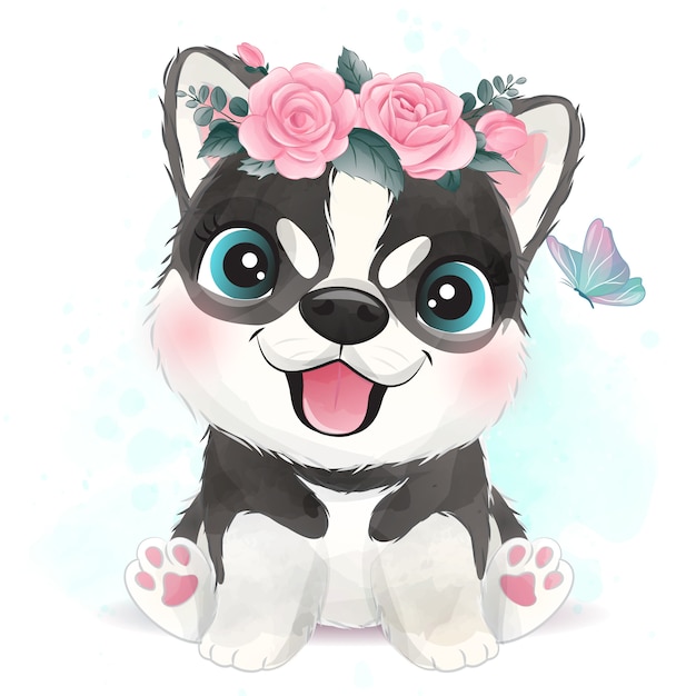 プレミアムベクター 花のイラストがかわいい犬